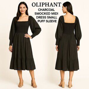 Oliphant Charcoal Smocked Midi Dress Small Puff Sleeve